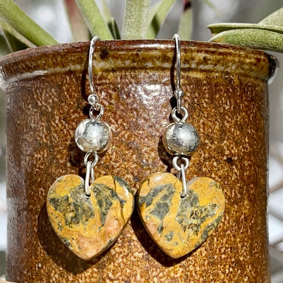 Natural Moroccan Yellow Jacket Jasper Heat shaped Sterling Silver Earrings - Picture 1 of 8